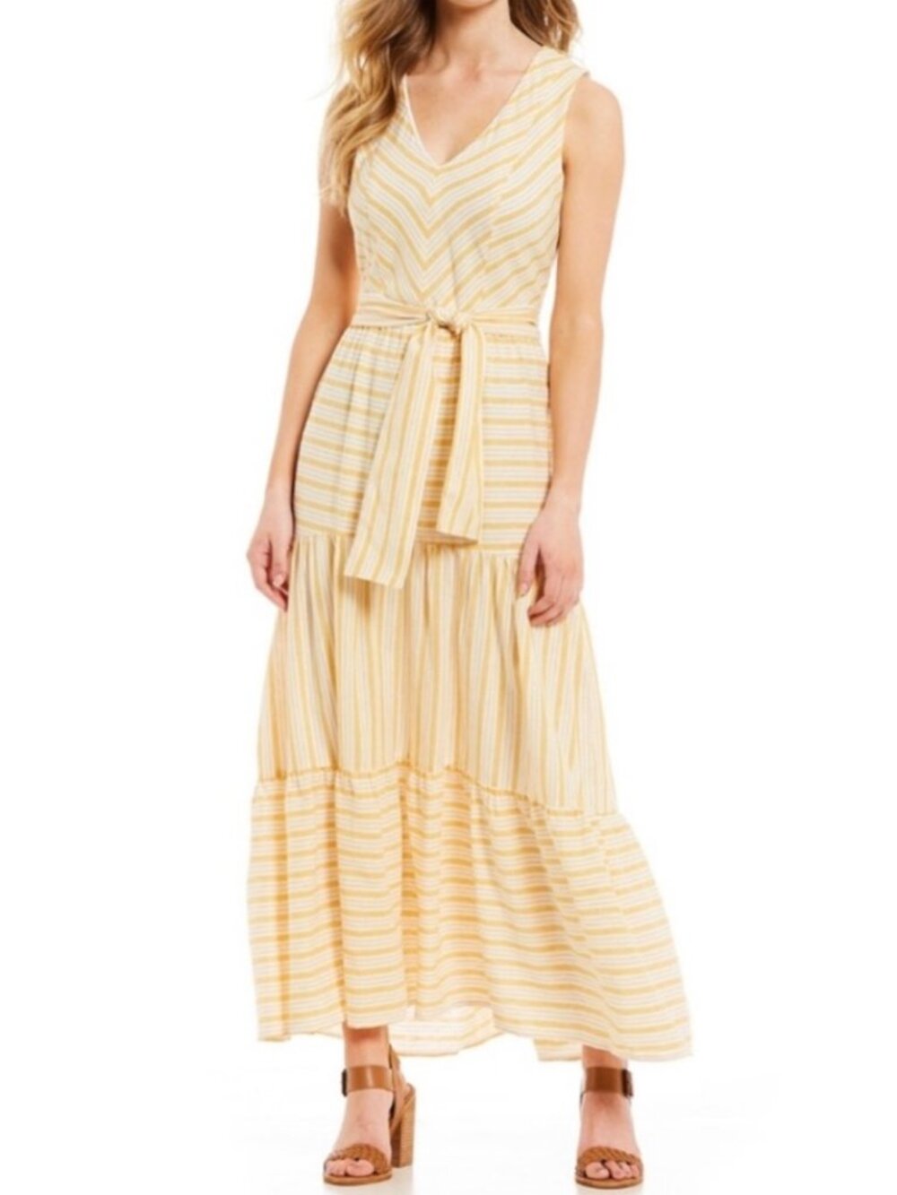 Tiered Linen-Cotton Blend Maxi Dress - Gold & White Stripes